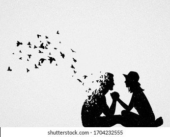 Lovers and flying birds. Death, afterlife. Abstract people silhouette