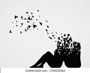 Lovers and flying birds. Death, afterlife. Abstract people silhouette