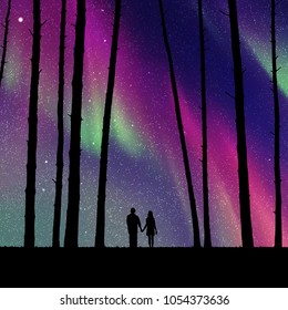 Lovers in forest at night. Vector illustration with silhouette of loving couple. Northern lights in starry sky. Colorful aurora borealis