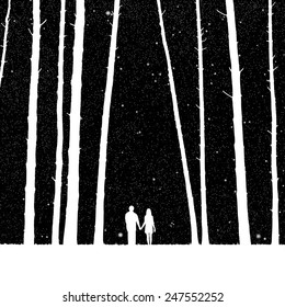 Lovers in forest. Vector illustration with silhouette of loving couple under starry sky. Can be used as postcard, illustration 