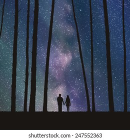 Lovers in forest. Vector illustration with silhouette of loving couple under starry sky. Can be used as postcard, illustration 