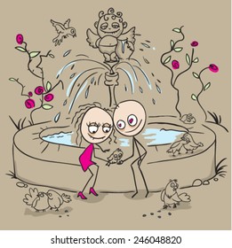 Lovers at the fountain feed birds. Vector cartoon illustration