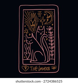 Los amantes de los gatos funky animales sexto arcano importante tarot dibujado a mano imagen. Concepto sagrado de amor felino eterno. Cartel interior esotérico místico o estampado de camiseta y tarjeta de San Valentín. Vector