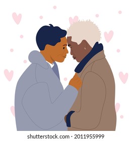 Lovers gay men in outerwear look at each other with tenderness. African American male with platinum hair.