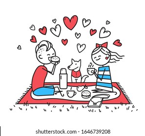 Lovers girl, guy and little dog are on picnic. People are sitting on lawn. Happy guy and girl eat sandwich and drink tea in nature. Valentines Day illustration. Couple in love. Simple characters