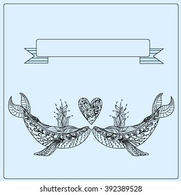 Lovers graphic whales. Gift card. Whales and heart. Background for text