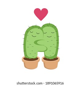 
Lovers green cacti hug and prick with needles sitting in a brown pot, submerged in almost black earth, suitable for valentine's day decoration
