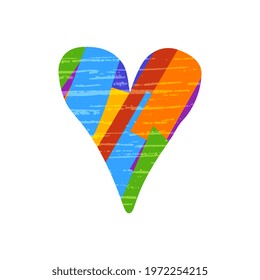 Lovers greeting cards. Vector illustration of a heart made of multicolored rectangles-stripes, on a white background, artistic, textured.