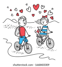Lovers guy with backpacks and girl with little dog travel on bicycles. Little bike ride. Young people travel.Simple characters. Valentines Day illustration. Illustration for t-shirt, card, poster, bag