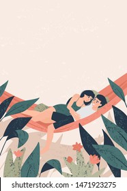Lovers guy and girl are hugging in a hammock among tropical plants.  Young couple lie in a hammock in the tropics.man and woman on vacation. 