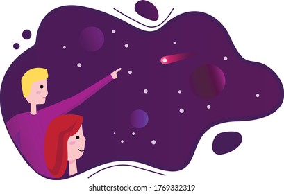 
los amantes un hombre y una chica miran un cometa en el espacio
