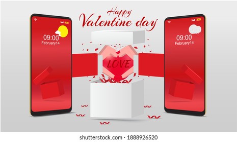 lover's hands held out to from mobile phone. Hands form  heart over gift box. Love design for Valentine's day festival vector concept