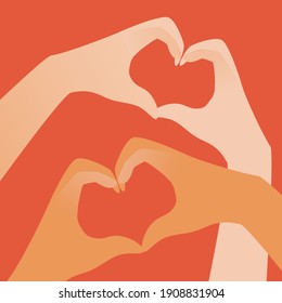 Lovers hands isolated, fingers heart. Flat vector stock illustration. Multicultural relationship concept, couples for valentines. Lovers heart as valentine. Hands heart. Isolated illustration