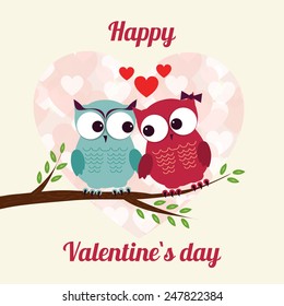 Lovers and happy owls on tree with hearts. Vector illustration