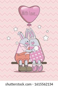 Lovers hares for Valentine's Day. Love, relations of a girl and a boy. Design in a flat style for poster, postcard, invitation, message, flyer.