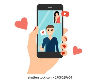 Lovers have online dating, video chat on smartphone. Vector illustration.