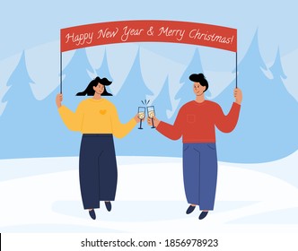 Lovers having a champagne and clink glasses. A couple celebrate Christmas together. Happy men and women on New Year eve party holding banner with capture. Vector illustration. Holiday greeting card.
