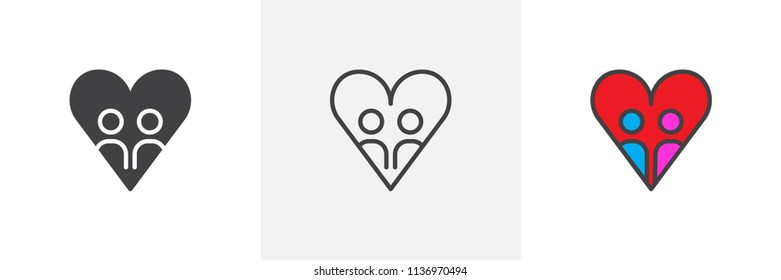 Lovers in heart icon. Line, solid and filled outline colorful version, outline and filled vector sign. Love symbol, logo illustration. Different style icons set. Pixel perfect vector graphics