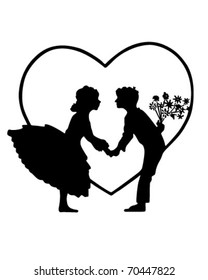 Lovers In Heart Silhouette - Retro Clipart Illustration