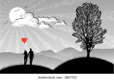 Lovers with hearts balloon on nature background