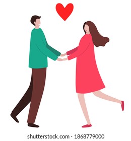 Lovers hold hands, reach out to each other. Valentine's Day. Red love heart. Young guy and girl or man and woman in love. Colorful flat vector stock illustration. People isolated on a white background