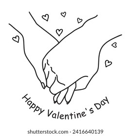Lovers hold hands. Relationship loving hands together. Woman and man romantic handshakes line artworks, couple love relationships holding hands, lovers wedding family. Happy Valentine's Day. Vector