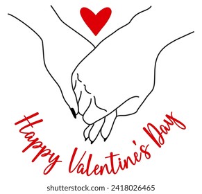 Lovers hold hands. Relationship loving hands together. Woman and man romantic handshakes line artworks, couple love relationships holding hands, lovers wedding family. Happy Valentine's Day. Vector