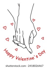 Lovers hold hands. Relationship loving hands together. Woman and man romantic handshakes line artworks, couple love relationships holding hands, lovers wedding family. Happy Valentine's Day. Vector