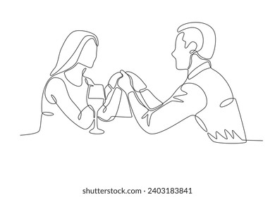 Lovers holding each other's hands. Candle light dinner one-line drawing