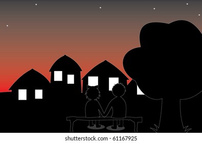 lovers, holding hands, looking at the sunset