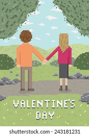 Lovers Holding Hands In The Park. Pixel Art Illustration, Valentine's Day Card