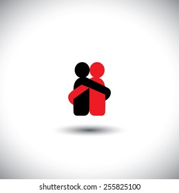 lovers hug each other in deep love & romantic mood - vector icon. This also represents reunion, sharing, love, emotions, human touch, friendship, embrace, support, care, kindness, empathy, compassion