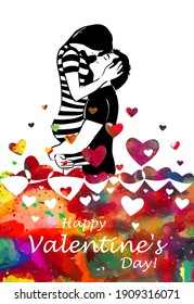 Lovers hug. Happy Valentine's Day. T-shirt print. Vector illustration