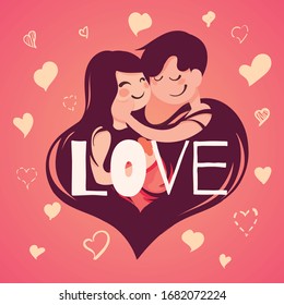 Lovers hug and hearts fly around.Vector illustration in cartoon style.