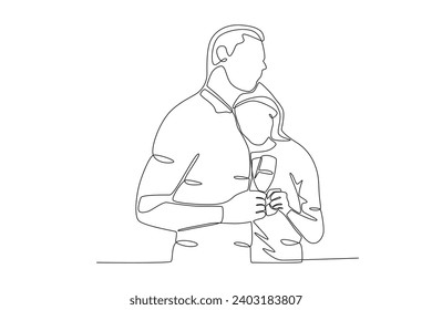 Lovers hugging at dinner. Candle light dinner one-line drawing