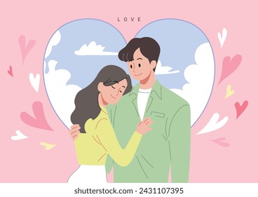 Lovers are hugging each other tenderly. Heart background