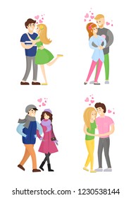 Lovers hugging, embracing tenderly, passion between boyfriends and girlfriends, young couple in winter cloth vector illustrations isolated on white