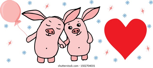 Lovers hugging pink piglets and a heart. Drawn by hand. Design for greeting card, banner, fabric.