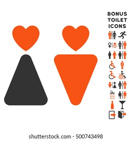 Lovers icon and bonus gentleman and lady lavatory symbols. Vector illustration style is flat iconic bicolor symbols, orange and gray colors, white background.