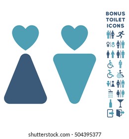 Lovers icon and bonus gentleman and woman toilet symbols. Vector illustration style is flat iconic bicolor symbols, cyan and blue colors, white background.
