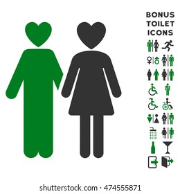 Lovers icon and bonus male and lady toilet symbols. Vector illustration style is flat iconic bicolor symbols, green and gray colors, white background.