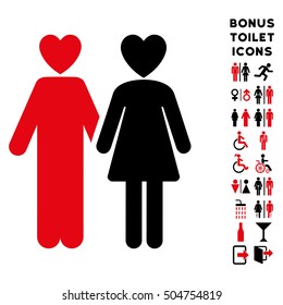 Lovers icon and bonus male and lady WC symbols. Vector illustration style is flat iconic bicolor symbols, intensive red and black colors, white background.