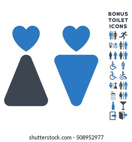 Lovers icon and bonus male and woman toilet symbols. Vector illustration style is flat iconic bicolor symbols, smooth blue colors, white background.