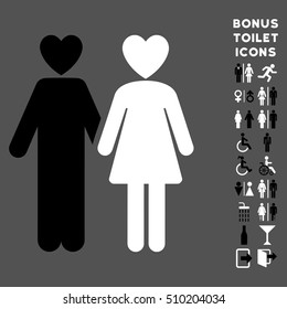 Lovers icon and bonus male and woman toilet symbols. Vector illustration style is flat iconic bicolor symbols, black and white colors, gray background.
