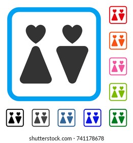 Lovers icon. Flat gray iconic symbol in a light blue rounded squared frame. Black, gray, green, blue, red, orange color variants of Lovers vector. Designed for web and application interfaces.