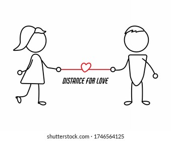 Lovers keep a social distance. Despite the prohibitions, people love each other, even at a distance. Distance is not an obstacle to love. Vector illustration of love at a distance. Simple line drawing