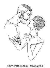 Lovers kiss, girl and guy with stylish hairstyles. Couple in love. Black and white hand drawn illustration. Fashion hipsters.