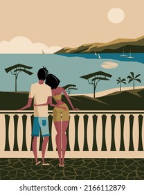  Los amantes miran al mar. Ilustración vectorial.
