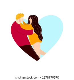 Lovers looking at each other and hugging. Heart shape. Happy Valentine's Day. Couple in love. Cute characters. Embrace. Flat design. Card, cover, poster, invitation, print on clothes. Vector, eps10