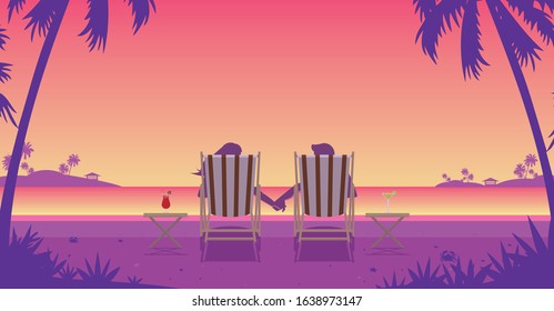 Lovers looking at the Sea of sunset
